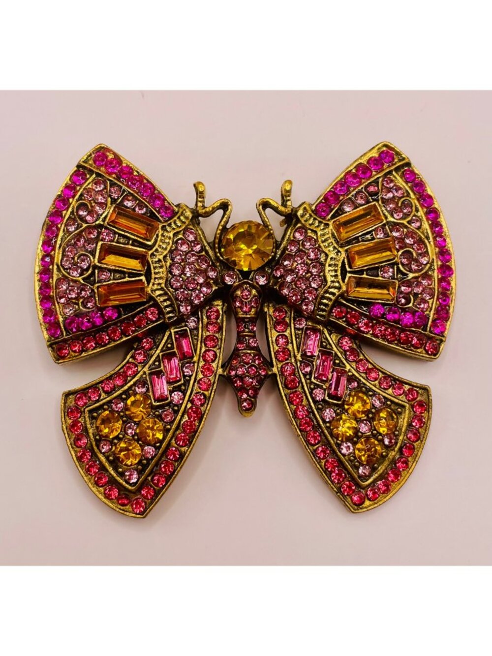 Butterfly Brooch Pink & Yellow Rhinestones Gold-Tone -104B